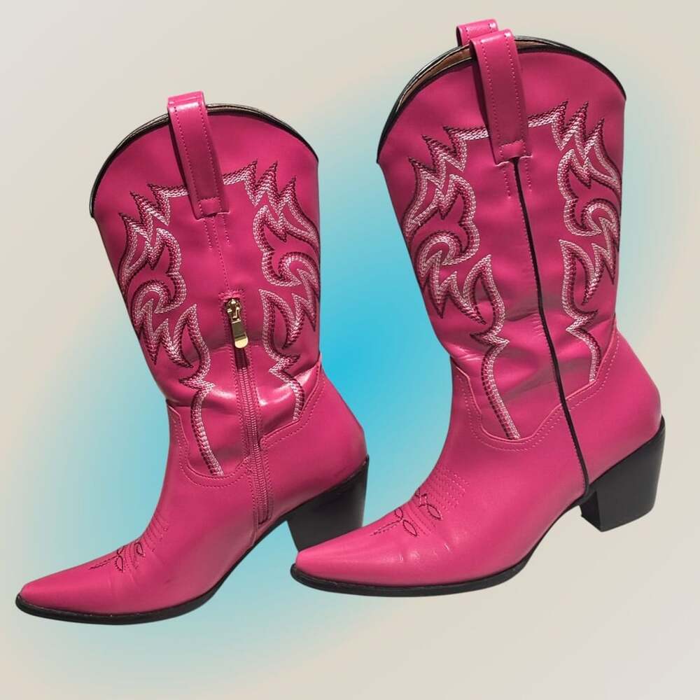 Generic Western Cowgirl Boots Size 7 Hot Pink Pointed Toe Embroidered
